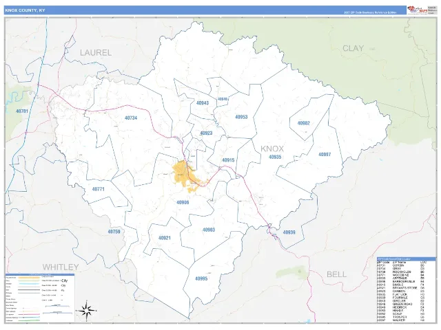 Knox County, KY ZIP Code Wall Map, Business Reference style