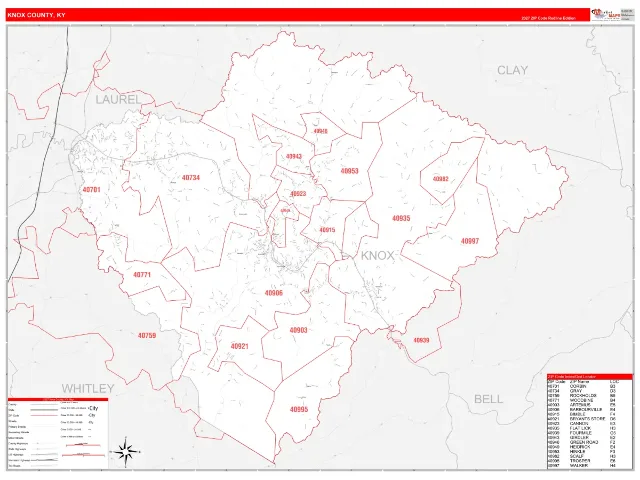 Knox County, KY ZIP Code Wall Map, RedLine style
