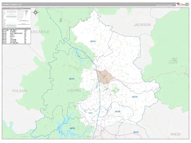 Laurel County, KY ZIP Code Wall Map, Classic style