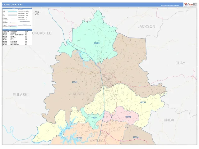 Laurel County, KY ZIP Code Wall Map, ColorCast style