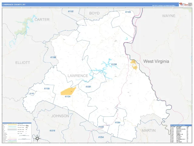 Lawrence County, KY ZIP Code Wall Map, Business Reference style