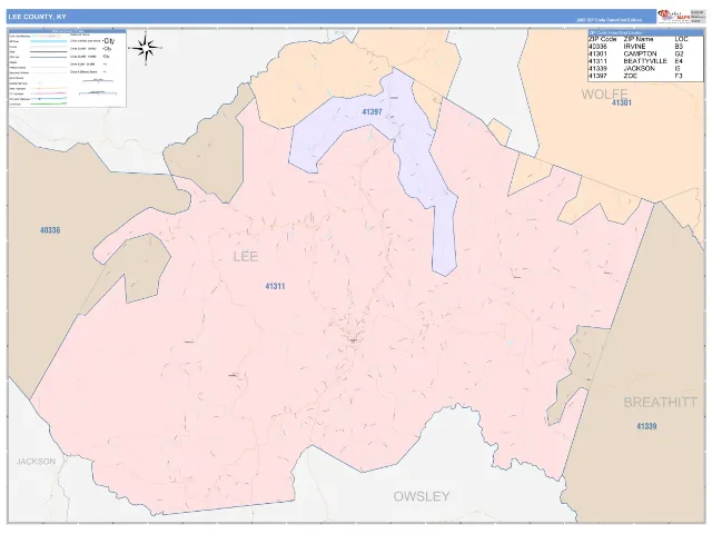Lee County, KY ZIP Code Wall Map, ColorCast style