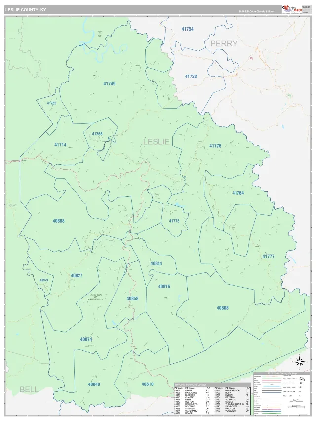 Leslie County, KY ZIP Code Wall Map, Classic style