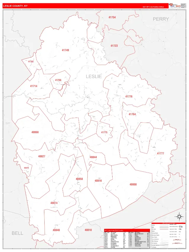 Leslie County, KY ZIP Code Wall Map, RedLine style