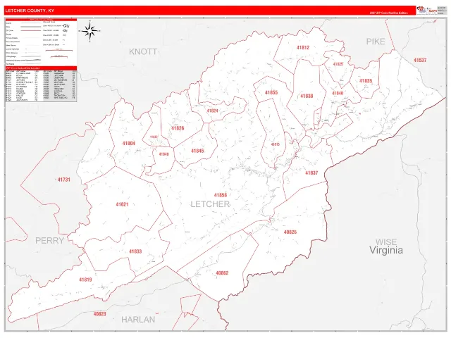 Letcher County, KY ZIP Code Wall Map, RedLine style