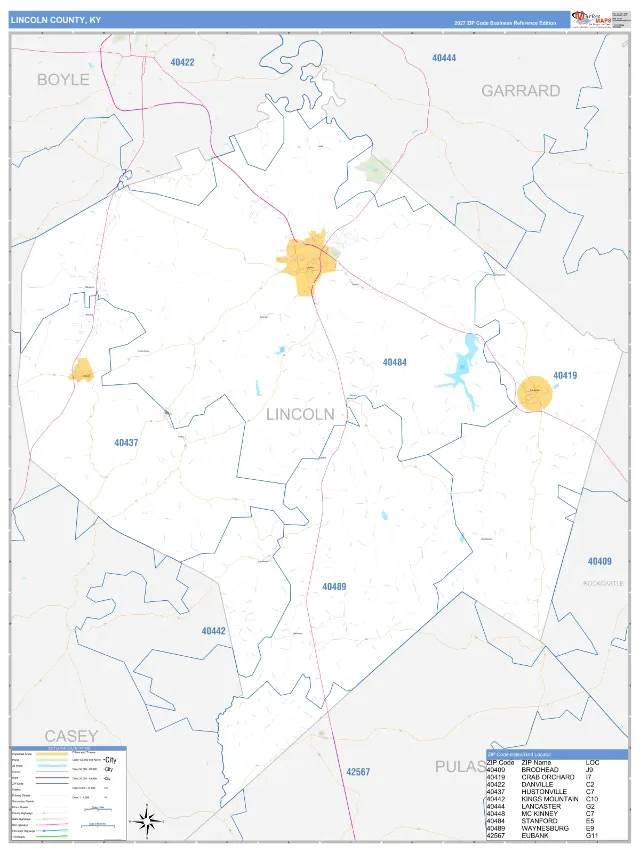 Lincoln County, KY ZIP Code Wall Map, Business Reference style