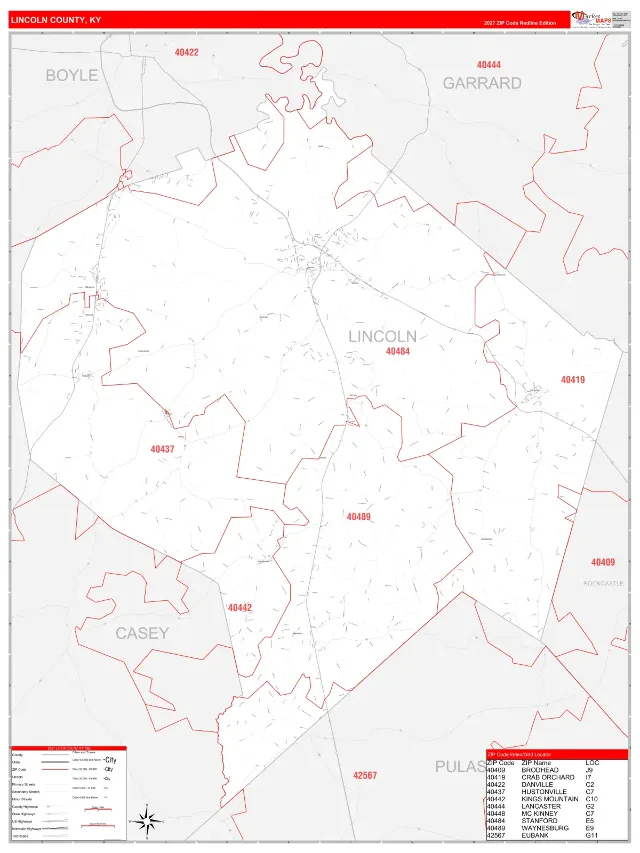 Lincoln County, KY ZIP Code Wall Map, RedLine style