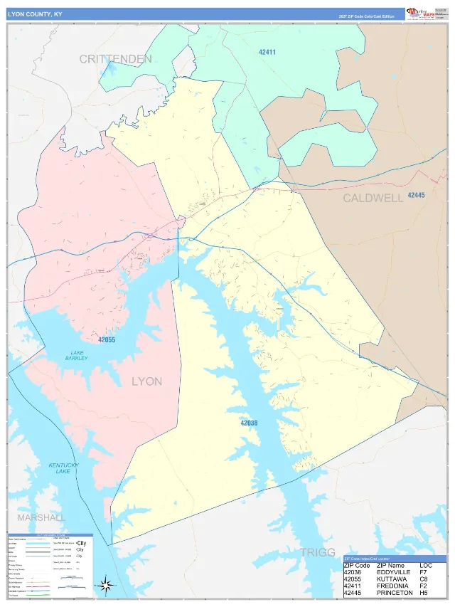 Lyon County, KY ZIP Code Wall Map, ColorCast style