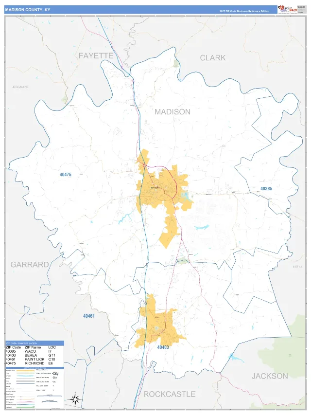 Madison County, KY ZIP Code Wall Map, Business Reference style