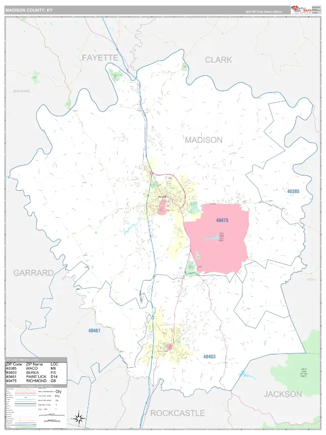 Madison County, KY ZIP Code Wall Map, Classic style