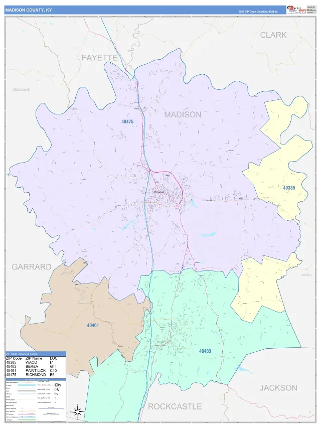 Madison County, KY ZIP Code Wall Map, ColorCast style