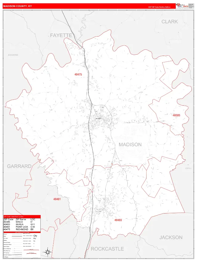 Madison County, KY ZIP Code Wall Map, RedLine style