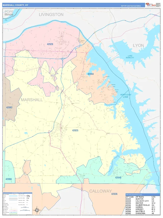 Marshall County, KY ZIP Code Wall Map, ColorCast style