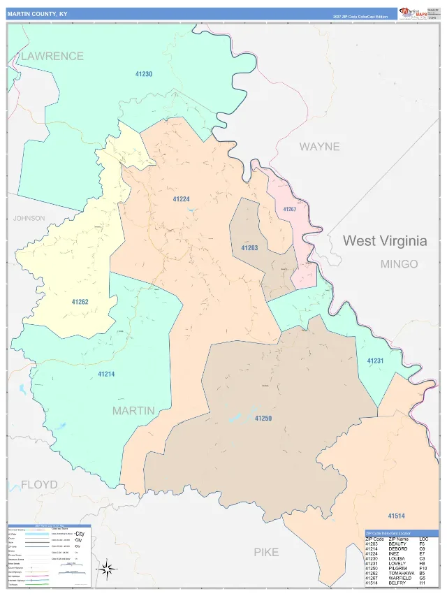 Martin County, KY ZIP Code Wall Map, ColorCast style
