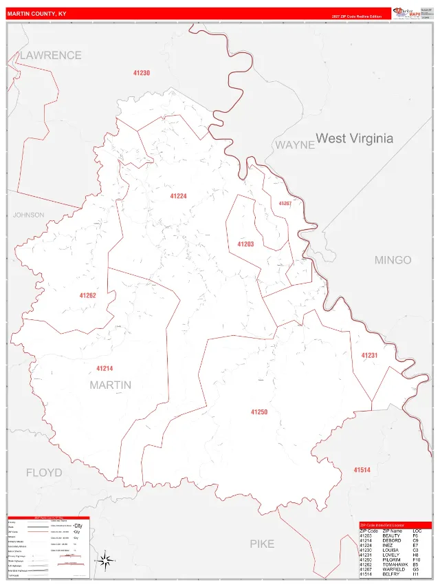 Martin County, KY ZIP Code Wall Map, RedLine style
