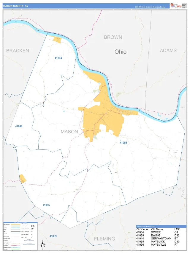 Mason County, KY ZIP Code Wall Map, Business Reference style