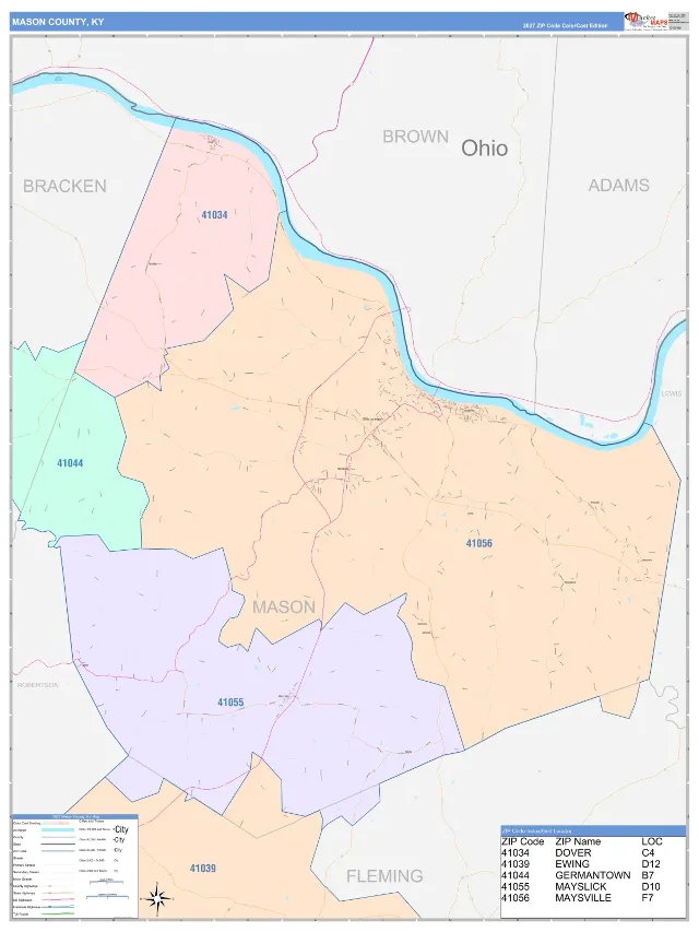 Mason County, KY ZIP Code Wall Map, ColorCast style