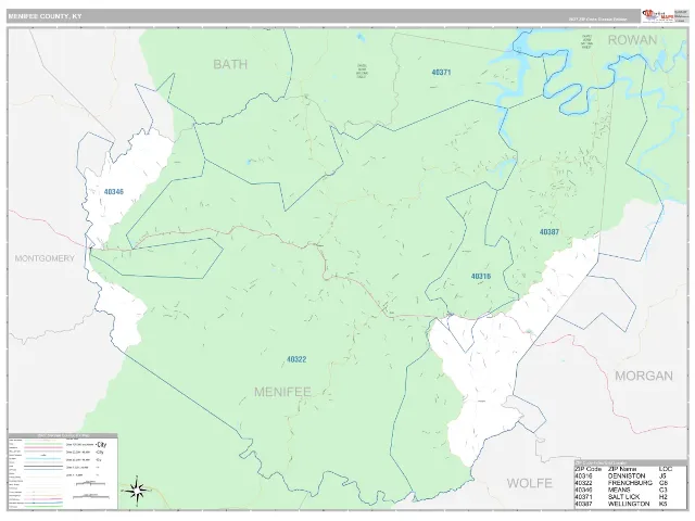 Menifee County, KY ZIP Code Wall Map, Classic style