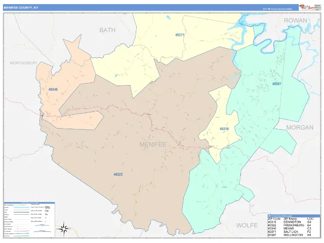 Menifee County, KY ZIP Code Wall Map, ColorCast style