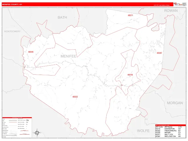 Menifee County, KY ZIP Code Wall Map, RedLine style