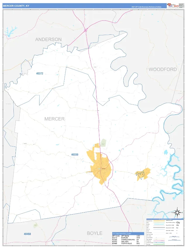 Mercer County, KY ZIP Code Wall Map, Business Reference style