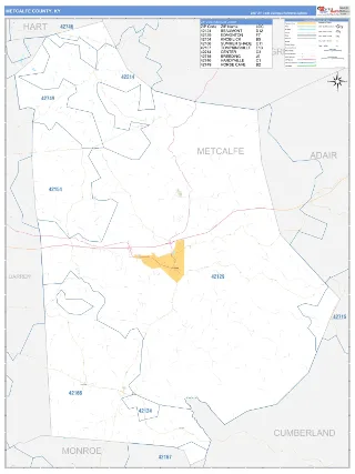 Metcalfe County, KY Business Reference style ZIP Code wall map