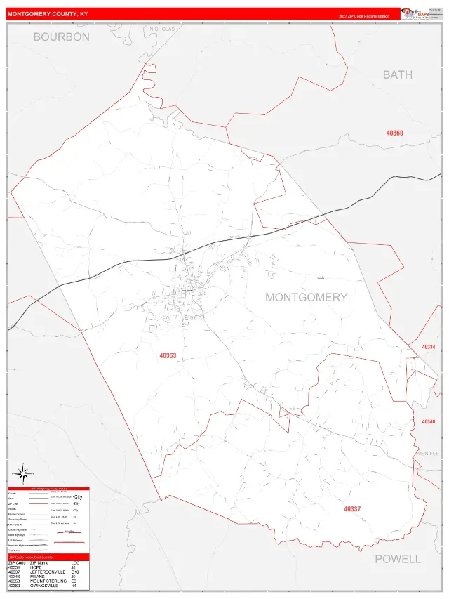 Montgomery County, KY ZIP Code Wall Map, RedLine style