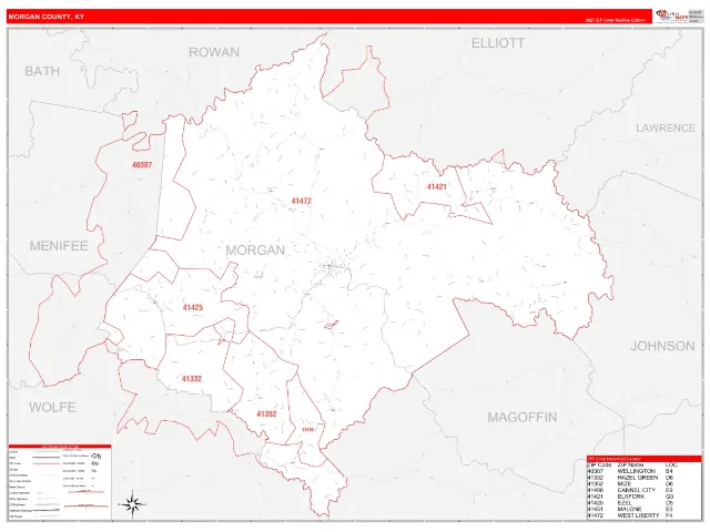Morgan County, KY ZIP Code Wall Map, RedLine style
