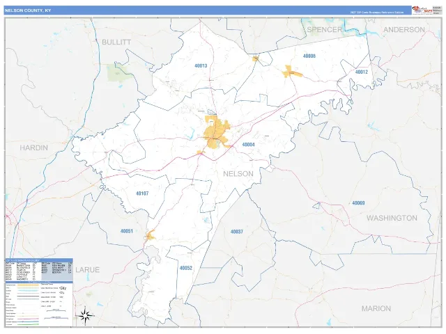 Nelson County, KY ZIP Code Wall Map, Business Reference style