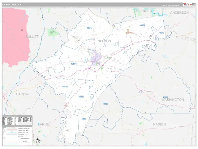 Nelson County, KY ZIP Code Wall Map, Classic style
