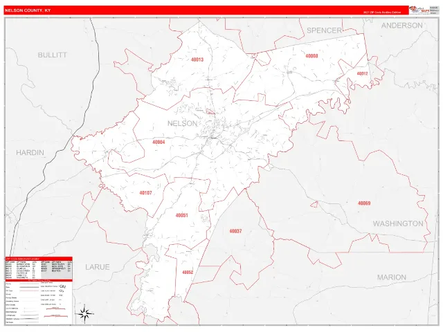 Nelson County, KY ZIP Code Wall Map, RedLine style