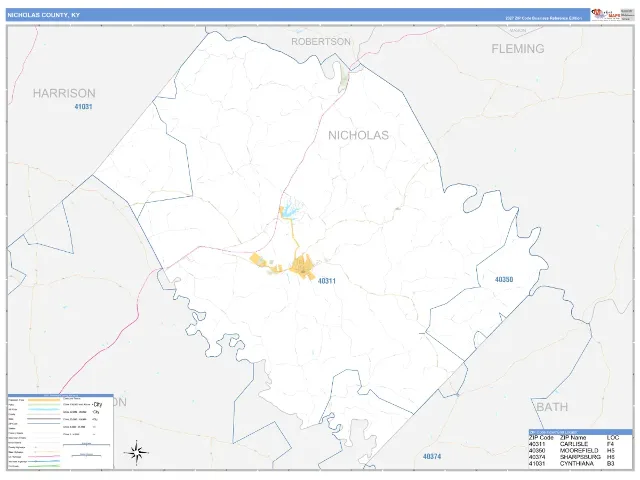 Nicholas County, KY ZIP Code Wall Map, Business Reference style