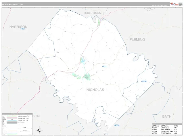 Nicholas County, KY ZIP Code Wall Map, Classic style