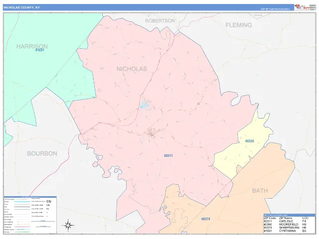 Nicholas County, KY ZIP Code Wall Map, ColorCast style