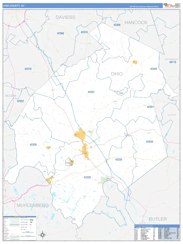 Ohio County, KY ZIP Code Wall Map, Business Reference style