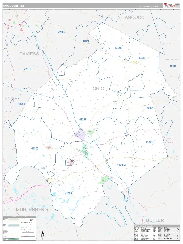 Ohio County, KY ZIP Code Wall Map, Classic style