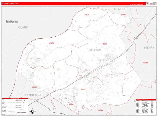 Oldham County, KY ZIP Code Wall Map, RedLine style