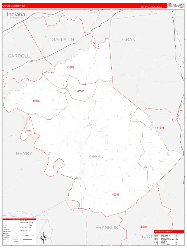 Owen County, KY ZIP Code Wall Map, RedLine style