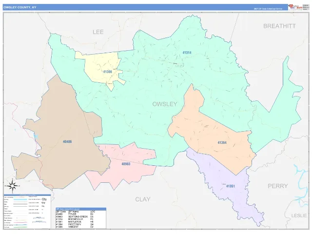 Owsley County, KY ZIP Code Wall Map, ColorCast style