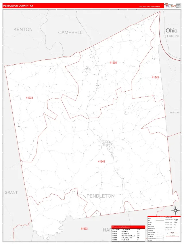Pendleton County, KY ZIP Code Wall Map, RedLine style