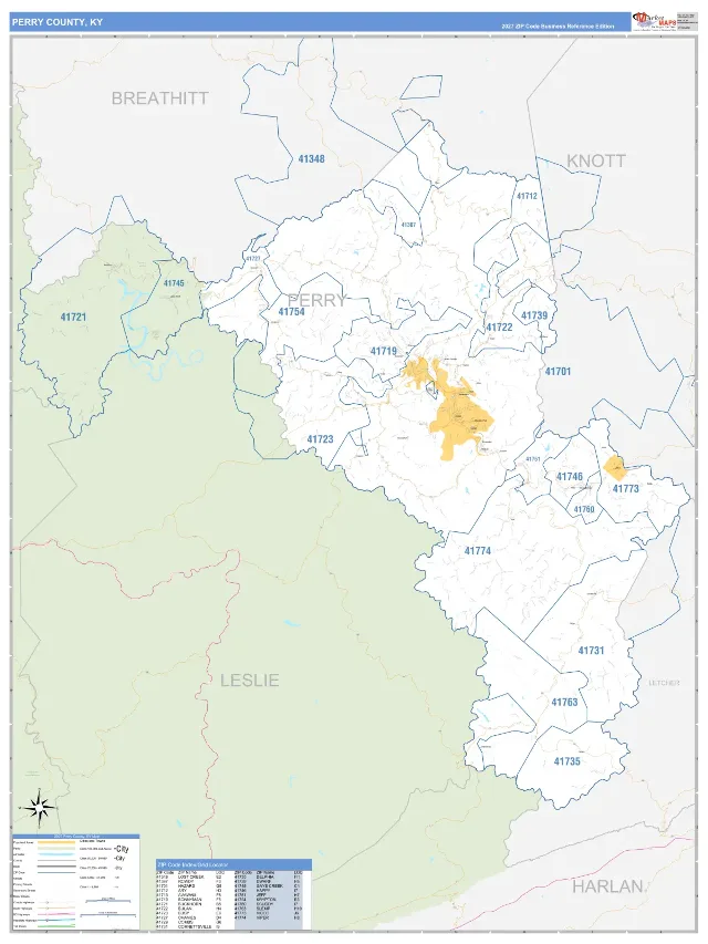 Perry County, KY ZIP Code Wall Map, Business Reference style