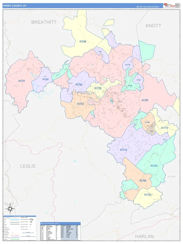 Perry County, KY ZIP Code Wall Map, ColorCast style