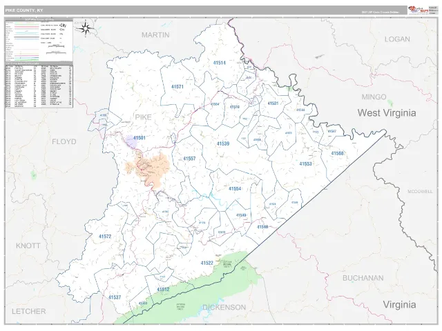 Pike County, KY ZIP Code Wall Map, Classic style