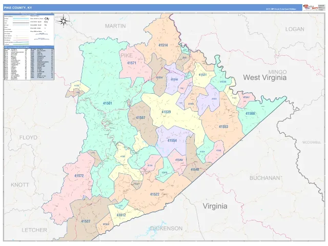Pike County, KY ZIP Code Wall Map, ColorCast style