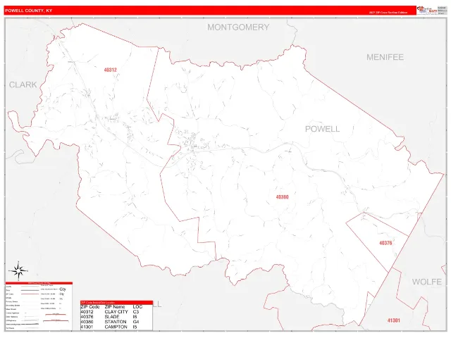 Powell County, KY ZIP Code Wall Map, RedLine style