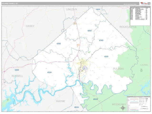 Pulaski County, KY ZIP Code Wall Map, Classic style