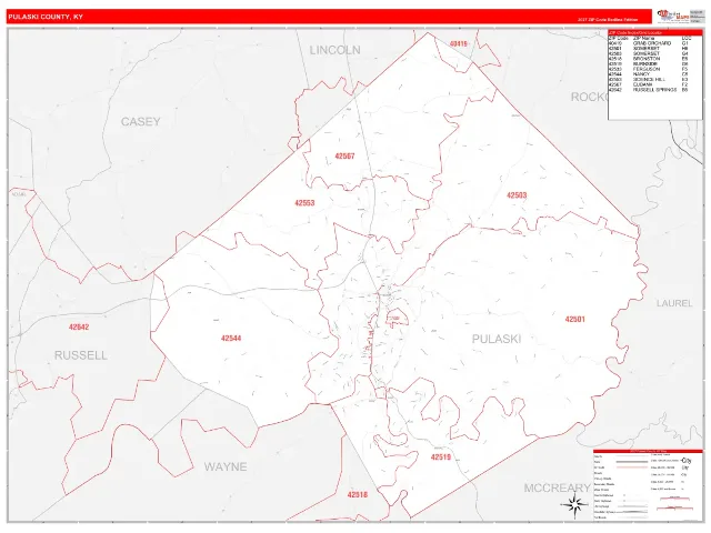 Pulaski County, KY ZIP Code Wall Map, RedLine style