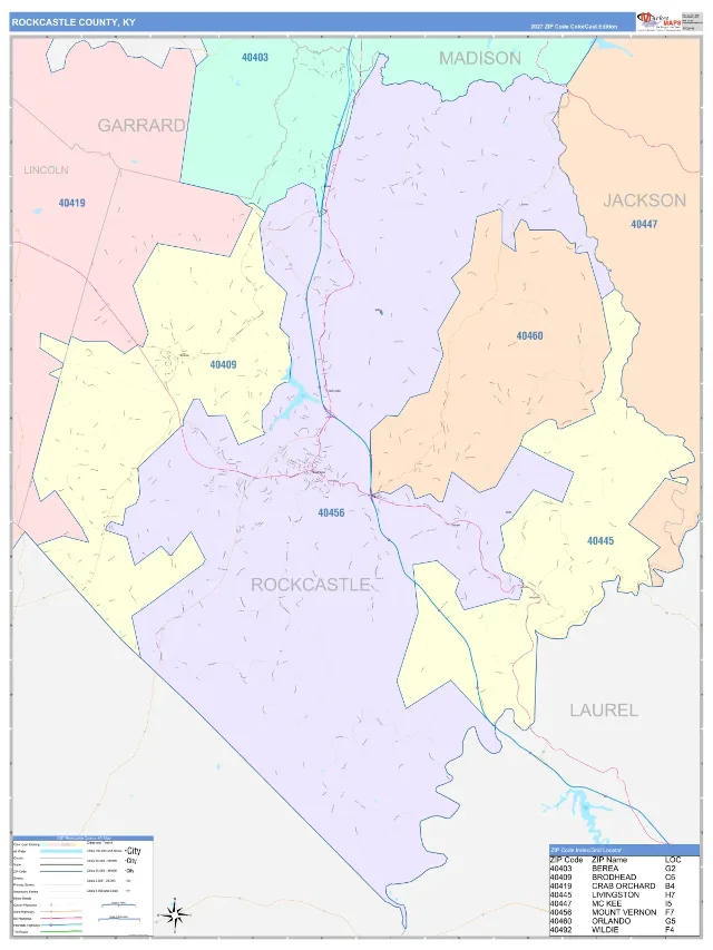 Rockcastle County, KY ZIP Code Wall Map, ColorCast style