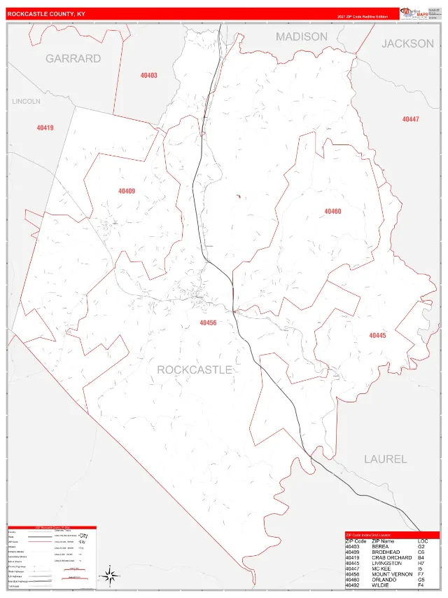 Rockcastle County, KY ZIP Code Wall Map, RedLine style
