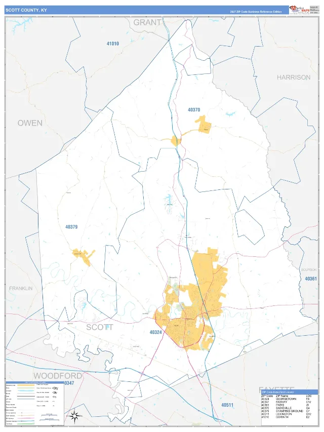 Scott County, KY ZIP Code Wall Map, Business Reference style